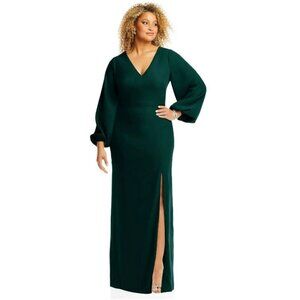NWT Dessy Long Evergreen Stretch Crepe Long Sleeve Dress with slit. Size 22